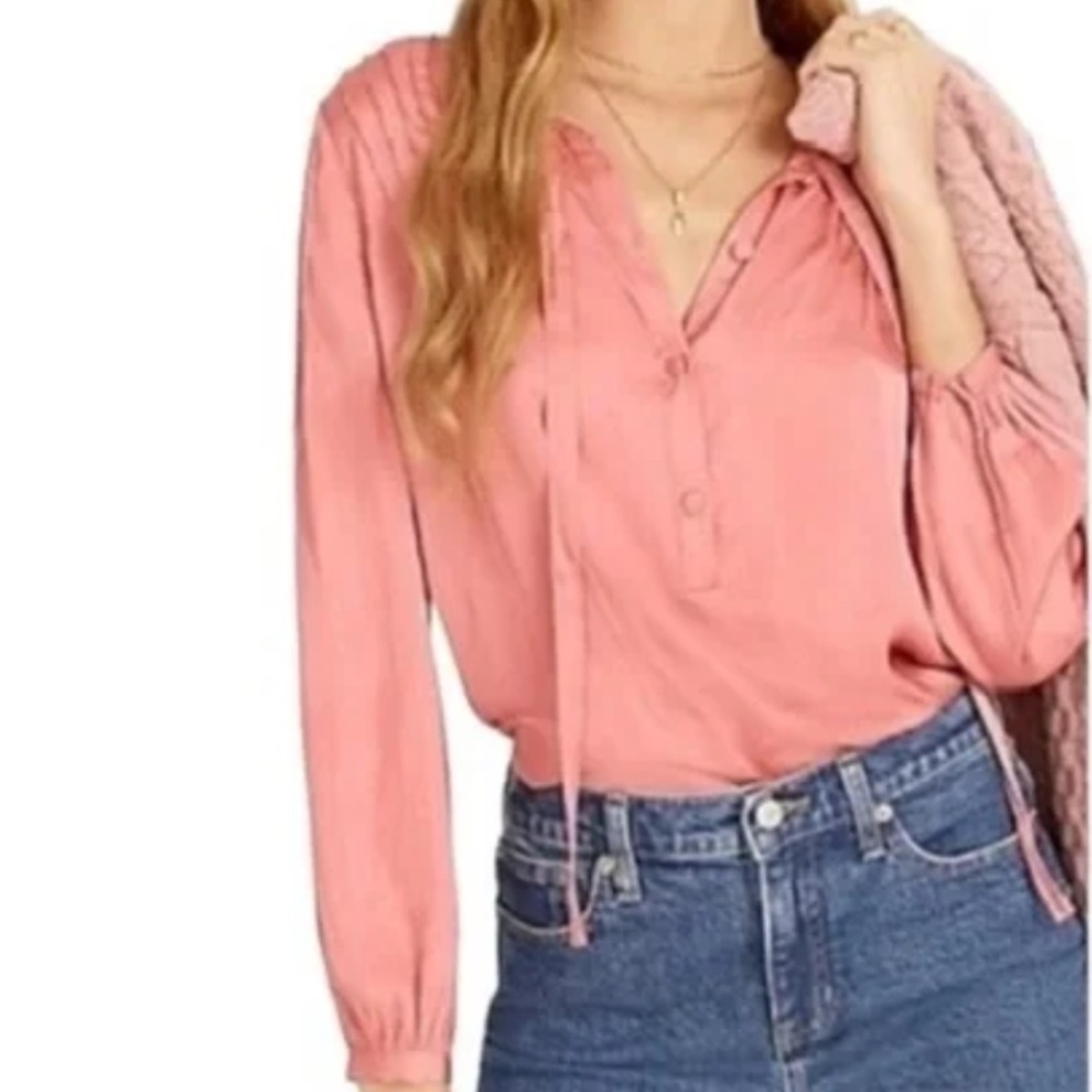 J.Crew Sz XS Warm Rose Long Sleeve Pintuck Featherweight Satin Tie-Neck Top NWOT
